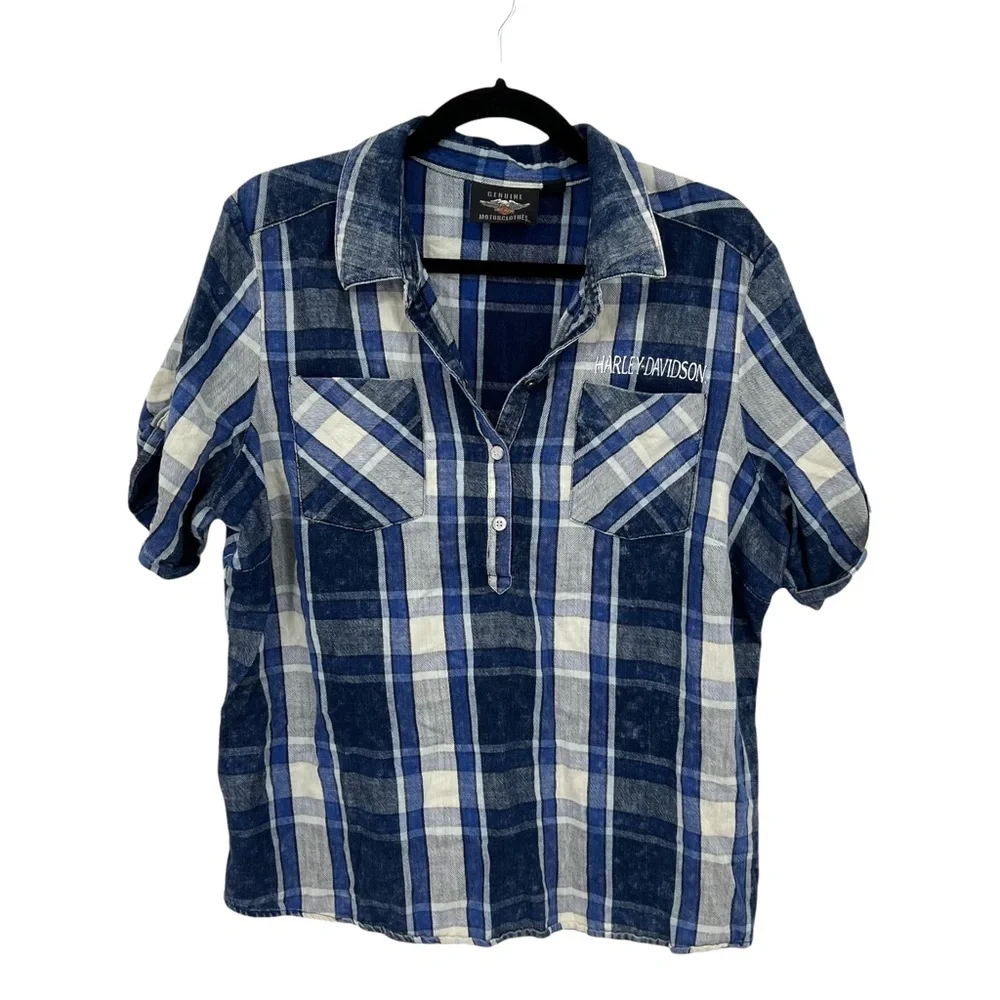 Harley Davidson Blue Plaid Quarter Snap Moto Logo Shirt Size XL
